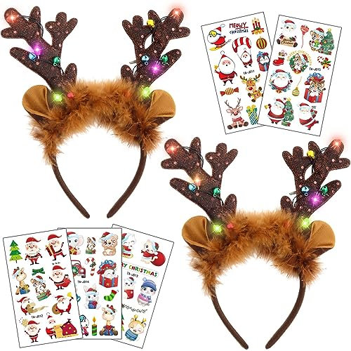 TaimeiMao 2 Stück Rentier Geweih Haarreif mit 5 Aufklebern, Beleuchtete Stirnbänder mit LED, Rentiergeweih Kinder Erwachsene Weihnachten Party (Einheitsgröße)