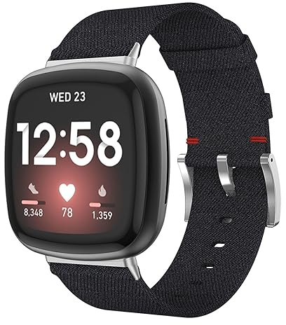 KAREN66 Canvas Uhrenarmband Kompatibel mit Fitbit Versa 4/Versa3 /Sense/Sense 2 Weiches Woven Armband Verstellbare Aatmungsaktive Sportbänder Ersatzarmband (Schwarz)
