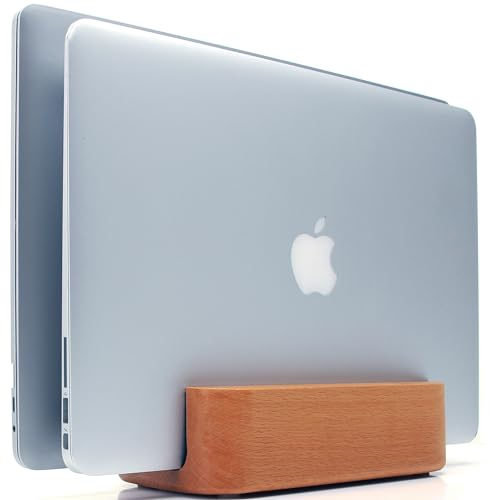 OKOstand Wood Vertical Laptop Stand, Genuine Dual Wood Laptop Holder Handcrafted from Single-Piece Logs, Heavy Duty Wooden Laptop Dock, Elevate Your Workspace (Beech Wood)