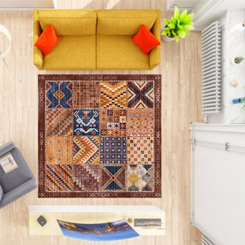 Rururug Teppich Wohnzimmer, Rotbraun, gebranntes Orange, Marineblau, Dunkelblau, Mehrfarbig Vintage Patchwork Design,Blue,Square 140 x 140 cm