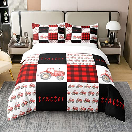 Homewish Coton, Ensemble de Literie Tracteur, Housse de Couette 220x240 Tracteur Rouge, pour Garçons Enfants Filles Ados, Parure de Lit Camion, Housse Couette À Carreaux de Buffle
