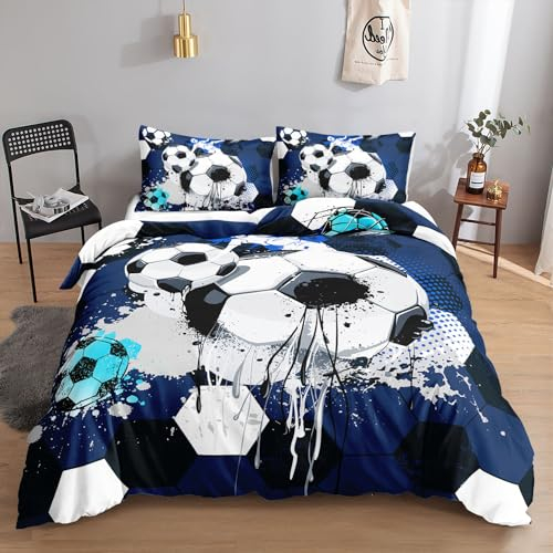 HOSIMA Fußball-Bettwäsche-Set für Jungen und Mädchen, Trendiger, Cooler Graffiti-Cartoon-Fußball-Druck, Bettbezug mit 2 Kissenbezügen (Graffiti-Fußball2 S)