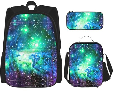 NEZIH Set 3 in 1 di borse per libri con stampa galassia verde, blu, viola, borsa per il pranzo, borsa portapranzo, astuccio