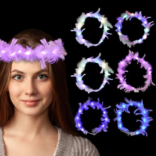 LED Federkranz Stirnband, 6 Pcs Leuchtender Haarkranz Feder, LED Blumenkranz Haare, LED-Feder-Stirnbänder, Leuchtendes Haarrei, Lichterkette mit Federn, Party-Haarschmuck Für Frauen und Mädchen
