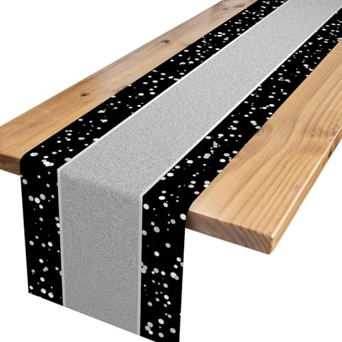 Xinvery Tischläufer Geburtstag, Schwarz Silber, Modern, Einfarbig, Polyester-Leinen, 180x35CM
