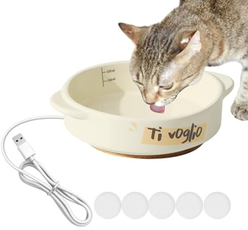 1/2 Beheizter Wassernapf - Keramik Haustier Heizschüssel, Warmwassernapf | Bissfeste automatische Bewässerung mit USB-Buchse, Haustier Futternapf für Hunde und Katzen, Helles Reisweiß, 17 cm