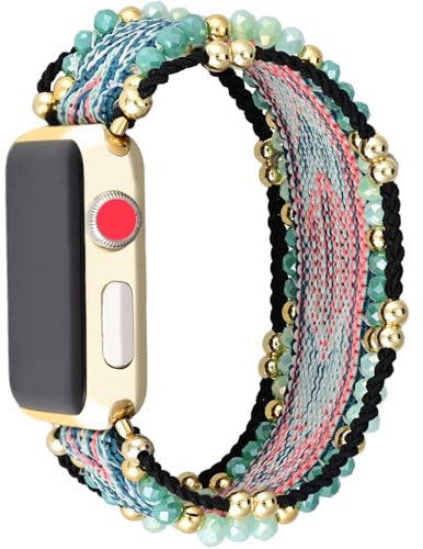 Retro Boho Braided Elastic Nylon Single-Loop Strap Compatible with Apple Watch 38mm 40mm 41mm, Bracelet Woven Bohemian Beaded for iWatch Series SE/Ultra/10/9/8/7/6/5/4/3/2/1 (38/40/41mm L, Arrow