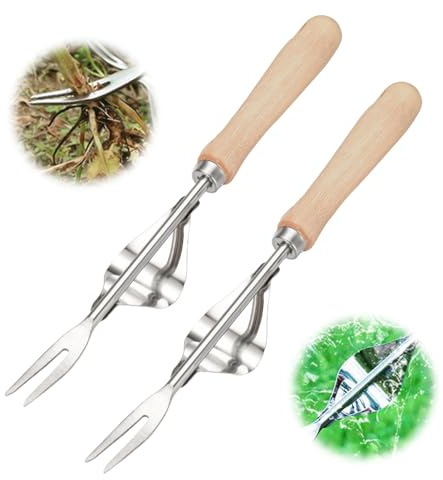 Kidmis Unkrautstecher Edelstahl, 2024 Neue Unkrautstecher Garden, Unkrautstecher Gartenarbeit Hand Unkrautstecher, Gartenarbeit Gabel mit Naturholzgriff für Graben Jäten Lösen (2pcs)