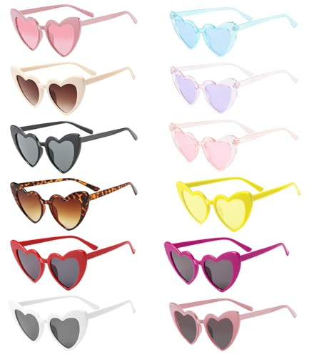 12 Stück Herzbrille, Herz Sonnenbrille Damen, Hippie Brille, Sonnenbrille Herz, Sonnenbrille Party Set, Bride to Be Herz Sonnenbrille, für Fasching Geburtstagsfeier Kleid Zubehör Foto Requisiten