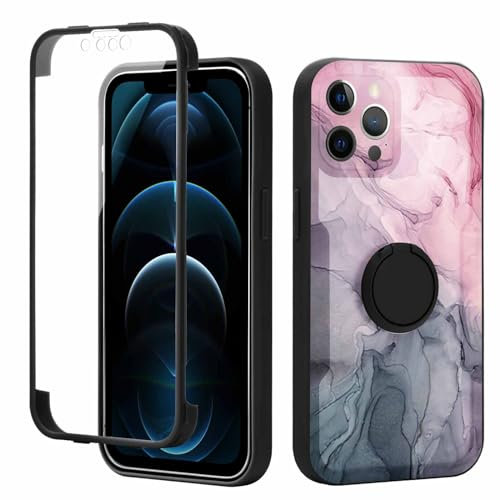 Yoedge Kickstand Phone Case for iPhone 12 Pro Max 6.7, 360°Rotatable Magnetic Ring Holder Cases,Full Body Shockproof Silicone TPU Back Cover with Built-in Screen Protector, Grey Marble