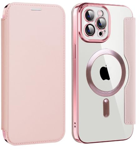 U.DARELIKE Magnetisch Hülle kompatibel mit iPhone 11 Pro Max für Magsafe Klapphülle Clear Back Silikon Metallisch Überzug PU Leder Kartenhalter Flip Handyhülle Stoßfest Schutzhülle Rosa