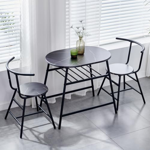 3 Pieces Dining Room Set, Compact Dining Table & Chairs Set for Kitchen Living Room, Space Saving Small Kitchen Table and Chair Set with Storage Wine Rack, Breakfast Bar Table Set for 2 (Black Marble)