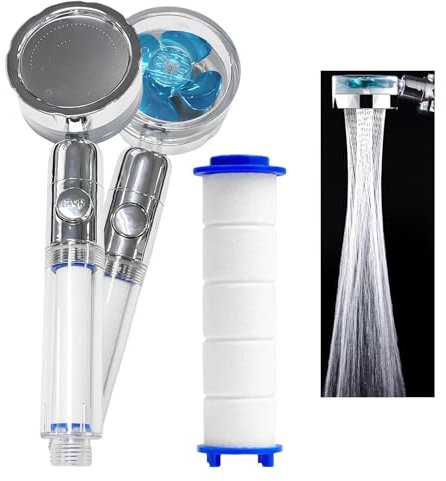 1 Fan Blade Shower, 1 Replacement Filter, Propeller Shower, Charged Water-Saving Shower, Rotating Hand Shower Head with On/Off Button, Transparent Handle Shower Head