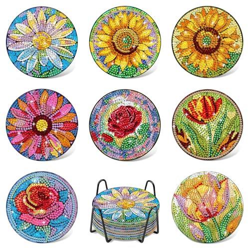 8 Stück Diamond Painting Untersetzer Mit Halter, Blumen Diamond Painting Erwachsene, Diamant Tassenuntersetzer Diamond Painting Zubehör, DIY Untersetzer rutschfest für Anfänger, Erwachsene
