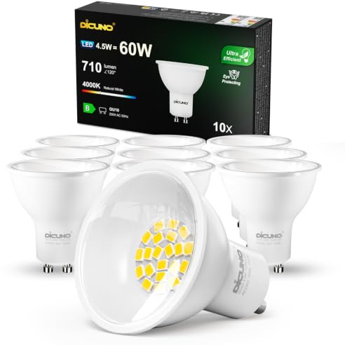 DiCUNO Lampadina LED GU10 Classe B, 4.5W Equiv. 60W, 4000K, 710lm, 10 Pezzi | Bianco neutro, Non dimmerabile, Fascio largo 110°, Faretto LED GU10 per faretti da incasso, plafoniere e vetrine