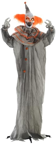 HOMCOM 183cm Halloween Dekoration Stehender Clown mit LED-Lichter, Soundfunktion, Haustür Deko mit verstellbare Arme, Garten Dekofigur in Lebensgröße für Party, Orange+Grau