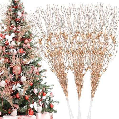 Palonu 26 tallos de bayas artificiales con purpurina de oro rosa de 17 pulgadas, ramas de bayas falsas, ramas decorativas con purpurina, adornos de árbol de Navidad para manualidades, corona, jarrón,