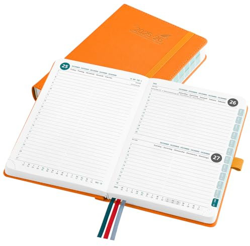 BEZEND 16-Monate Kalender 2025 2026 (Sep 25-Dez 26), Tagesplaner 1 Tag 1 Seite mit Zeitleiste, 30 Minuten Takt Tageskalender din B6 12 x 17 cm, Terminplaner 25/26 mit PU-Leder Hardcover, Orange