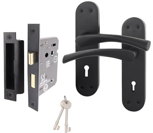 EAI Black Door Handle Key Lock Set - 1 Pair Matt Black Internal Keylock Handles with Lock (64mm) - Novoli Range