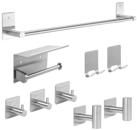 ORZAC Accesorios Baño Sin Taladro Set 9 Piezas Acero Cepillado