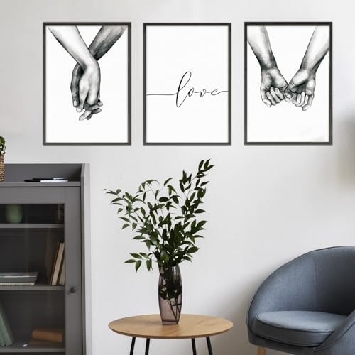 OJTOJT Poster Set, Bilder Schlafzimmer Modern 3er Set, Poster Handhaltung In Schwarz Und Weiß, Liebe, Für Zuhause Und Büro, Ohne Rahmen (21X30cm)