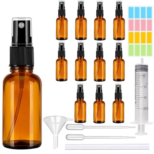 CafullCon 12 Stück Sprühflasche Glas, 30ml Braunglas Sprühflaschen zum Befüllen Tragbares, Nachfüllbar Zerstäuber mit Trichte, Tropferr und Etiketten für Wasser Alkohol Kosmetik Parfüm Aromatherapie