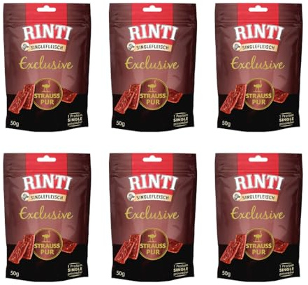 Rinti Singlefleisch Exclusive Strauß pur | 6er Pack | 6 x 50 g | Belohnungssnack für ausgewachsene Hunde | Für empfindliche Hunde bei Allergien oder Unverträglichkeiten | Leicht verdaulich