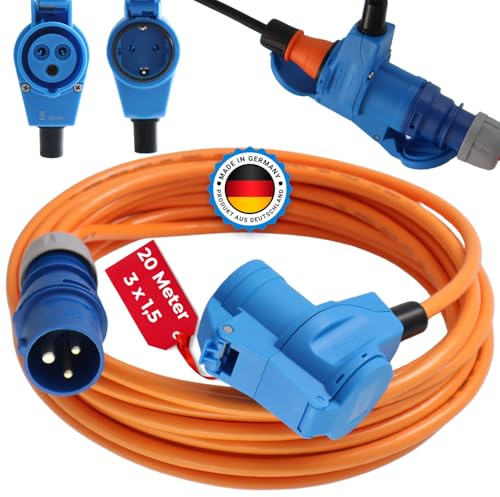 maxgo Camping Adapter CEE mit Schuko Steckdose – 20 m H07BQ-F PUR Kabel | 3x1,5 mm², IP44 Winkelkupplung für Wohnmobil, Wohnwagen, Caravan, Festival und Zeltplatz
