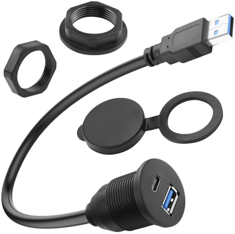 QIANRENON Adaptateur fixe 2 en 1 USB 3.0 vers USB 3.0 et USB C fileté câble court 5 Go/s Type A mâle vers A + C femelle Support intégré Connecteur 1 à 2, charge 5 V3 A, tableau de bord de voiture