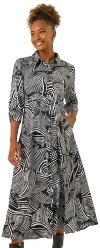 Roman Originals Shirt Dress for Women UK- Ladies Long Sleeve Belted Collared Midi Maxi Winter Autumn Smart Casual Button Through Evening Office A Line Swing Skater - Abstract Noir - Size 10