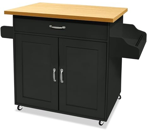 FIVMEN Küchenwagen Küchenschrank Schwarz mit Rollen und Arbeitsplatte Servierwagen Kücheninsel aus Holz mit Handtuchhalter und Gewürzboard Mobile Küchenschränke Kücheninselwagen, 115x90x36cm