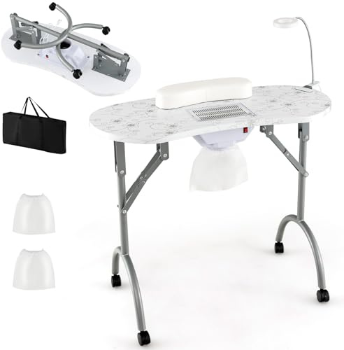 HOMASIS Table de manucure avec aspirateur, Table à Ongles Pliable avec Éclairage LED Réglable, 3 Sacs, Coussin et Sac de Rangement, Bureau Esthéticienne avec 4 roulettes, 90 x 43 x 73 cm (Blanc)