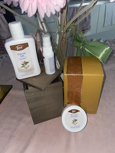 Just Gel de douche santal, coffret cadeau avec ruban vert et emballage doré, produits de soins du corps
