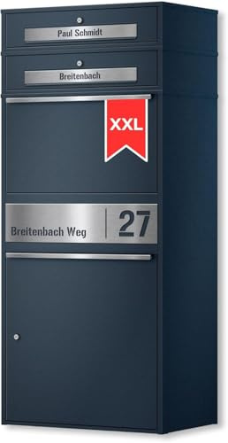 Metzler Paketbox mit 2 Briefkästen draußen groß XXL, Briefkasten 2 Parteien mit Paketfach in Anthrazit RAL7016, 2er Paketbriefkasten groß, Personalisiert Edelstahl Namensschild Gravur - Bispo Max 2