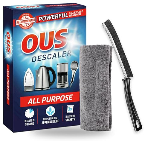 Kettle Descaler & Limescale Remover Kit – Powerful All Purpose Descaler Sachets(x3) with Microfibre Cloth & Gap Cleaning Brush for Coffee Machines, Irons, Shower Heads Deep Cleaning & Rust Removal