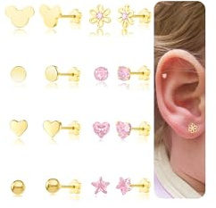 Hypoallergenic 14K Gold Earrings for Girls Women, Toddler Screw Back Baby Earring for Sensitive Ears Silver Kids Earrings Cute Flower Heart Star Ball Dot Mouse
