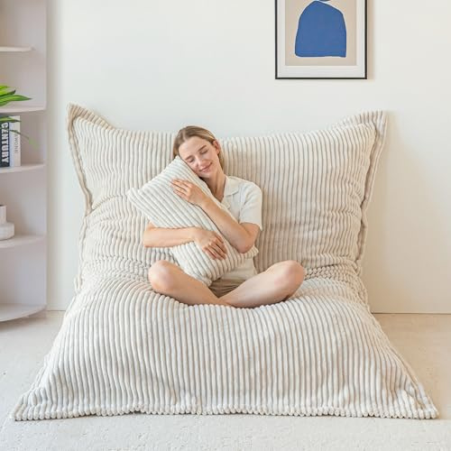 MAXYOYO Sitzsack, Riesen Bean Bag,Cordstoff Abnehmbar,Off-White,150*203*25 | Großes Bodenkissen für Erwachsene&Kinder, Cordstoff Abnehmbar, Flauschiger Schaumstoff Füllung, 3-in-1 vielfältig umwandelbar