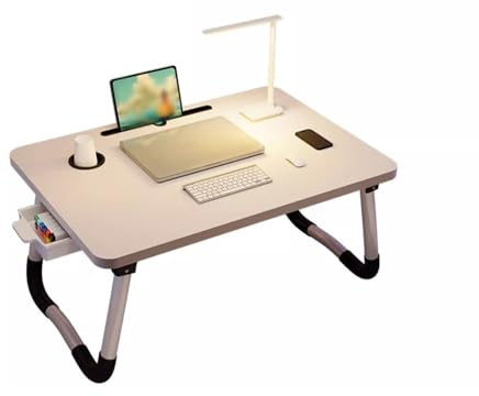 Segrehy Bureau de lit pour Ordinateur Portable Pliable, Plateau de Table de lit Portable, Support de Verre, tiroir Blanc