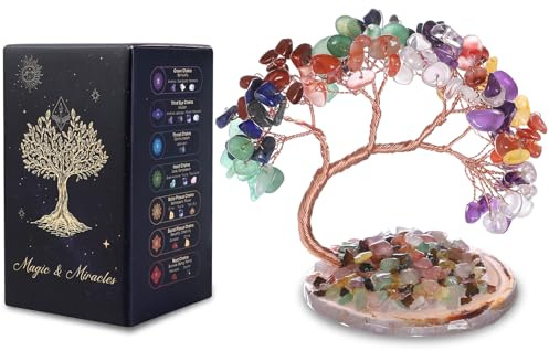 MAGIC AND MIRACLES 7 Chakras Arbre de Vie en Cristal Naturel 108 Pierres Feng Shui Chakra Reiki Arbre Bonsaï Énergie Décoration Maison Bureau Cadeau Spirituel Base Pierre Irrégulière 8-11 cm