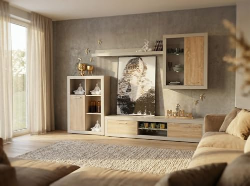 Homely® Conjunto Modular Formentera Cashmere | Salón con 4 Muebles: TV, Bajo, Alto y Estantería Alta | Color Cashmere-Roble | Medidas 270x40x220 cm