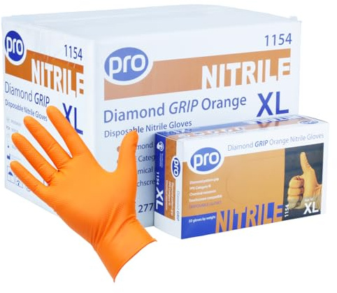 PRO Diamond Grip Orange 8g Nitrile Gloves, Heavy Duty, XL - 500 Pack | Puncture-resistant, textured grip for wet/oily use. EN ISO 374 certified. Latex-free, powder-free. For Mechanics & Industry.