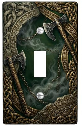 Axe Single Light Switch Cover Plate, Fantasy Medieval Celtic Knot Smoke None Green Plastic Standard Size Switch Plate Decorative for Bedroom Bathroom Kitchen Entrance Decor (Single)