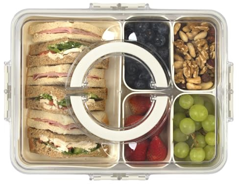LIVIVO Snack Box with Compartments - 5 Removable Trays, Portable Snack Tray with Lid, Handle, Four Snap Locks - Silicone Seal, BPA Free - Ideal for Fruit, Snacks, Nuts, Spices, Picnics & Parties