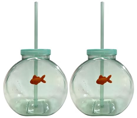 Fish Bowl Tumbler with Straw and Lid, Unbreakable Plastic Fishbowl Cup, Clear Reusable Drink Bowl for Cocktails Juice Soda Lemonade, Summer Party Beach Centerpieces - Novelty Glass Alternative 2pcs