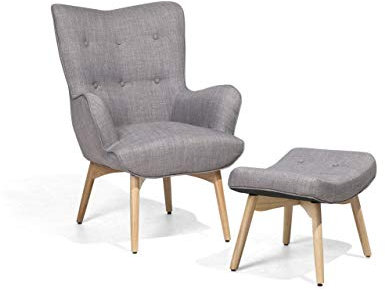 Ohrensessel mit Hocker Stoffbezug helles Grau Holzbeine Chesterfield Stil Vejle
