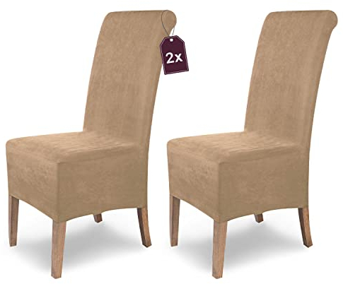 SCHEFFLER-Home Stretch Stuhlhussen Leon | 2er Set Mikrofaser Wildleder Esszimmerstuhlhussen | Drehstuhlbezug | Spandex-Bezug mit Gummiband | elegante Stuhlhusse, beige