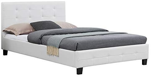 Lit Simple pour Adulte Marlon Couchage 120 x 190 cm avec sommier 1 Place et Demi / 1 Personne, tête et Pied de lit capitonnés, revêtement synthétique Blanc