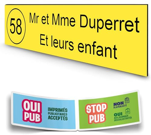 DECOHO - Plaque Boite aux Lettres Personnalisable - Plaque nom et numéro Boite aux Lettres+1 Sticker Stop pub Offert – Plaque Boite aux Lettres adhésive 100 x 25 mm – 2 lignesJaune - Jaune