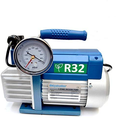 Einstufige Vakuumpumpe 42 Lt/Min mit Magnetventil und Vakuummeter für Klimageräte, Professionelle Vakuumpumpe für Kühlsysteme und Klimaanlagen, Zugelassen für R32-Gas