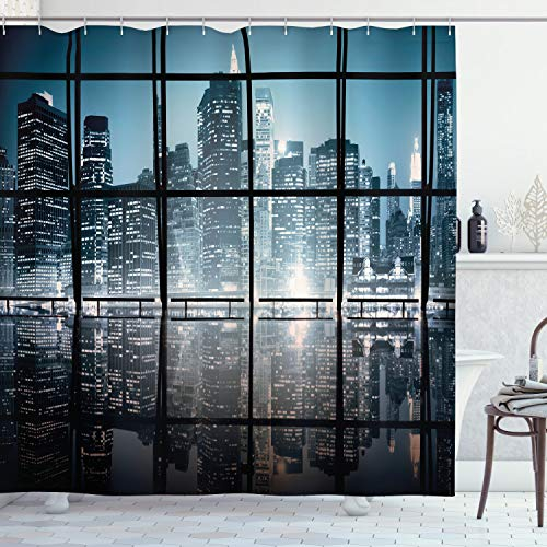 ABAKUHAUS Stadt Duschvorhang, New York bei Nacht-Landschaft, Stoffliches Gewebe Badezimmerdekorationsset mit Haken, 175 x 220 cm, Schwarz und Dunkelblau